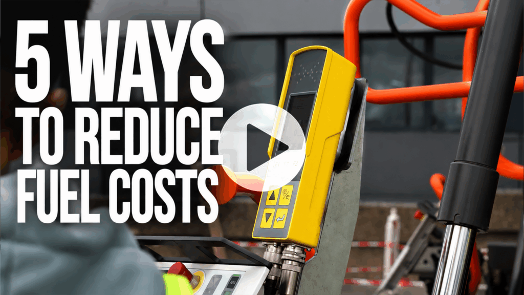 Large white headline reads '5 WAYS TO REDUCE FUEL COSTS' beside a yellow fuel meter at a fueling station.