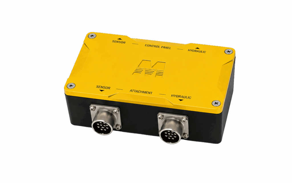 Yellow industrial control box with two circular multi-pin connectors on a black base (labels for sensor, hydraulic, attachment).