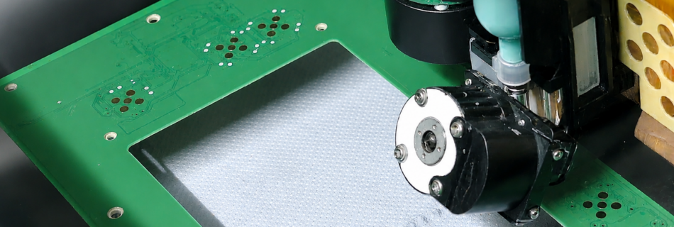 Close-up of an automated PCB assembly head over a green circuit board, preparing to place components.