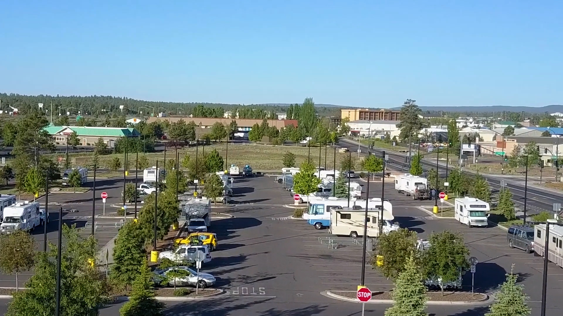 Broad view of an RV parking lot with many motorhomes and campers lined up among trees under a clear blue sky, with a commercial area in the distance.